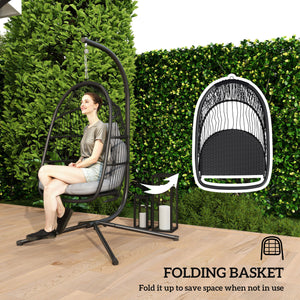 Wicker swing chair with stand, foldable and hanging, UV-resistant cushion and headrest, dark grey