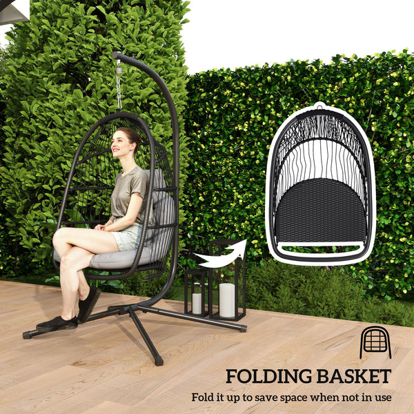 Wicker swing chair with stand, foldable and hanging, UV-resistant cushion and headrest, dark grey