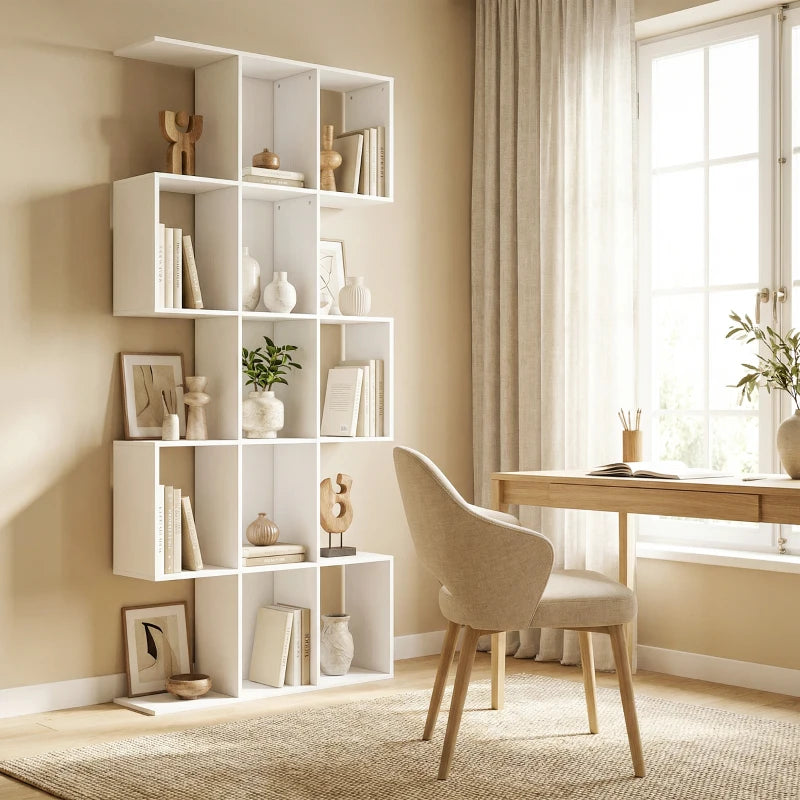 5-Tier S-Shaped Geometric Bookshelf with 15 Compartments, White Wood Look