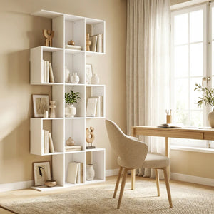 5-Tier S-Shaped Geometric Bookshelf with 15 Compartments, White Wood Look