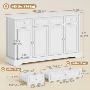 Kitchen storage sideboard with soft-close doors, 3 drawers, and 2 adjustable shelves, white