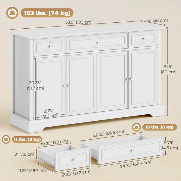 Kitchen storage sideboard with soft-close doors, 3 drawers, and 2 adjustable shelves, white