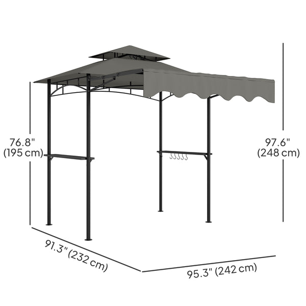 8' x 5' Grill Gazebo, Double Tiered Barbecue Grill Gazebo Shelter with Side Awning, 2 Side Shelves, 6 Hooks, Light Grey