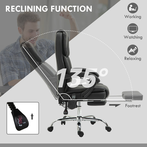 Reclining massage office chair with 6-point vibration, footrest and high back, black