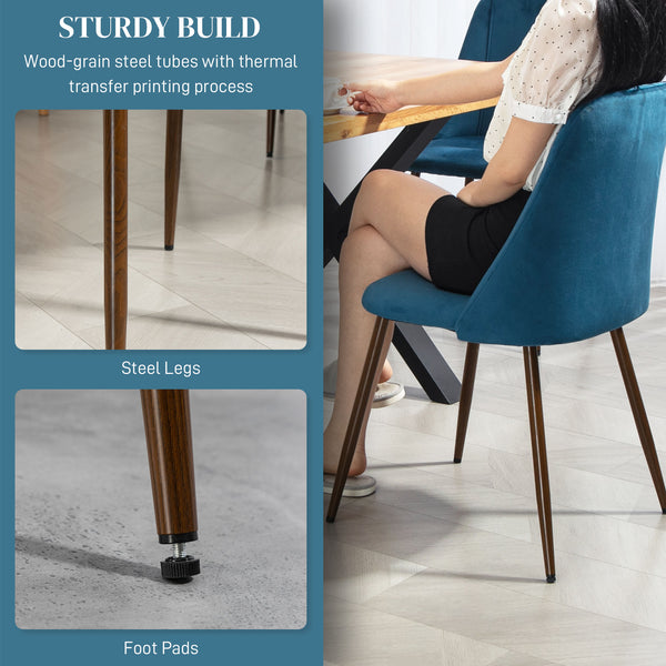 Set of 4 velvet upholstered chairs with wood-effect steel legs, dark blue