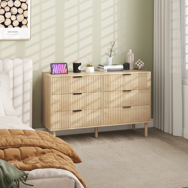 6-drawer chest, fluted panels and solid wood legs, oak color