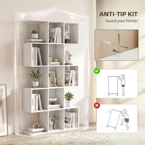 5-Tier S-Shaped Geometric Bookshelf with 15 Compartments, White Wood Look