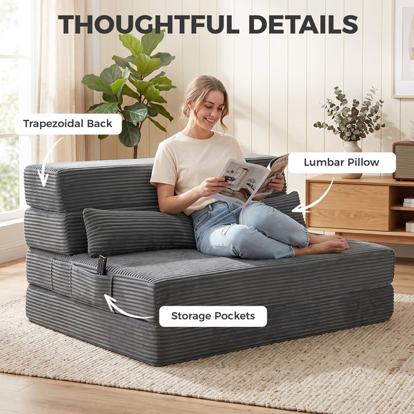 39" Dark Grey Corduroy Folding Floor Sofa