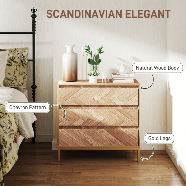 Bedroom chest of drawers with anti-tip system with 3 drawers for living room, hallway, natural wood