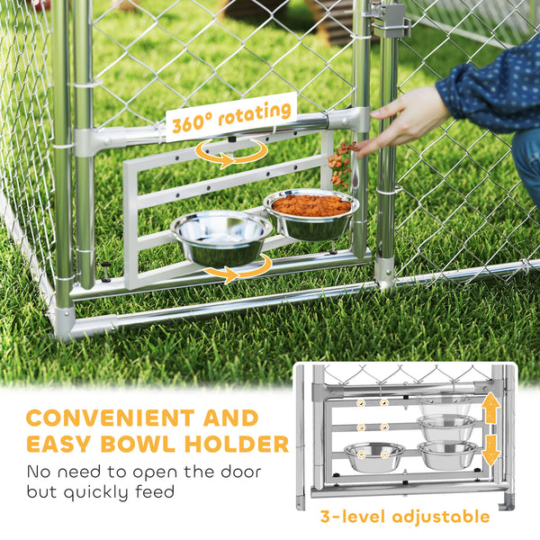 Outdoor dog kennel with adjustable and rotating bowls