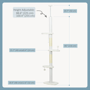 Ceiling-High Cat Tree with Scratching Posts, Cloud-Shaped Platforms, Hanging Balls, White