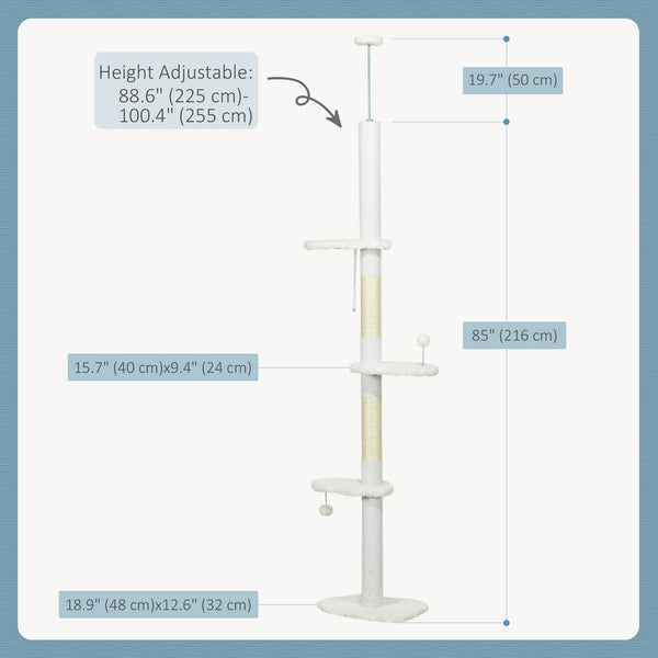 Ceiling-High Cat Tree with Scratching Posts, Cloud-Shaped Platforms, Hanging Balls, White