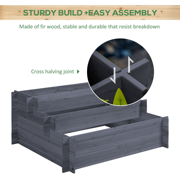 Three-tier raised wooden planter, grey