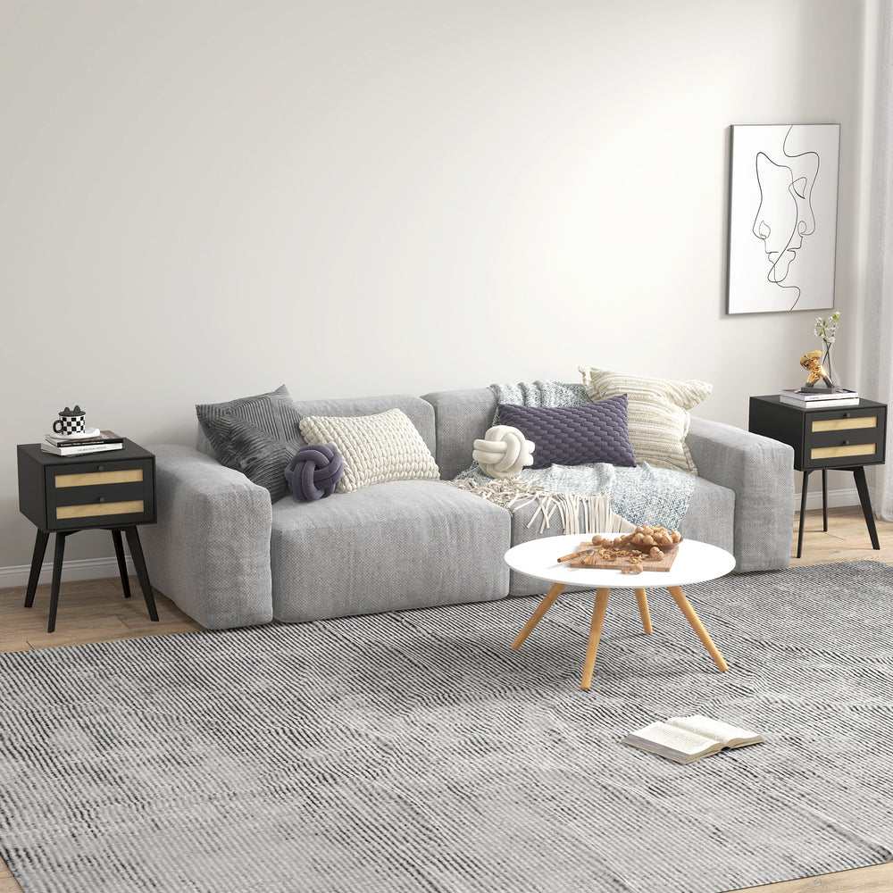 Set of 2 Bohemian Bedside Tables with 2 Drawers in Rattan, Black