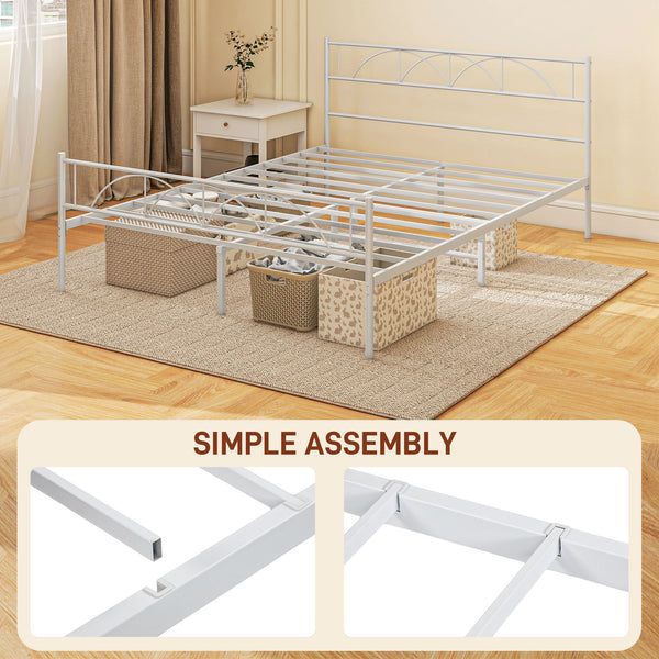 Metal Bed Frame with Queen Size Headboard, White