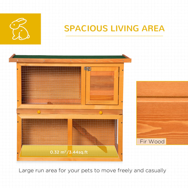 Wooden rabbit hutch with run, pull-out tray, and waterproof roof
