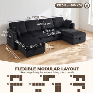 U-shaped corduroy sofa with double storage ottoman, under-seat storage, 4 cushions, dark grey