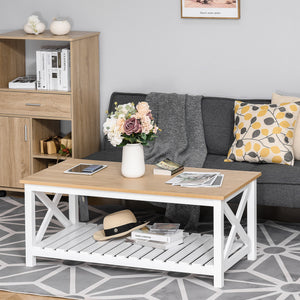 Table basse rectangulaire de style campagnard en blanc et bois naturel, avec étagère inférieure à lattes, idéale pour salon rustique ou champêtre.