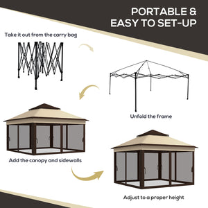 3.3 x 3.3 m Folding Gazebo Adjustable with UV30+ Roof, Removable Mesh Curtains, Beige