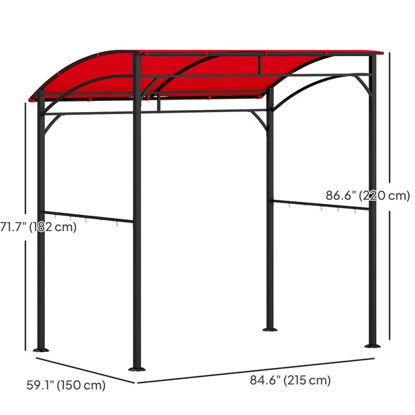 Barbecue shelter with steel frame and hooks, burgundy red