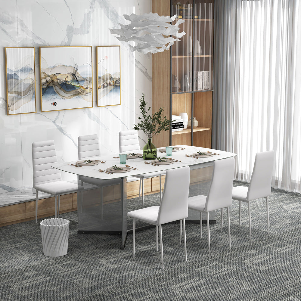 Set of 6 high-back faux leather chairs with metal legs, white