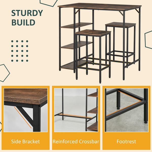 Industrial style kitchen table and chairs set for 2 people, including a bar table and stools, rustic brown.