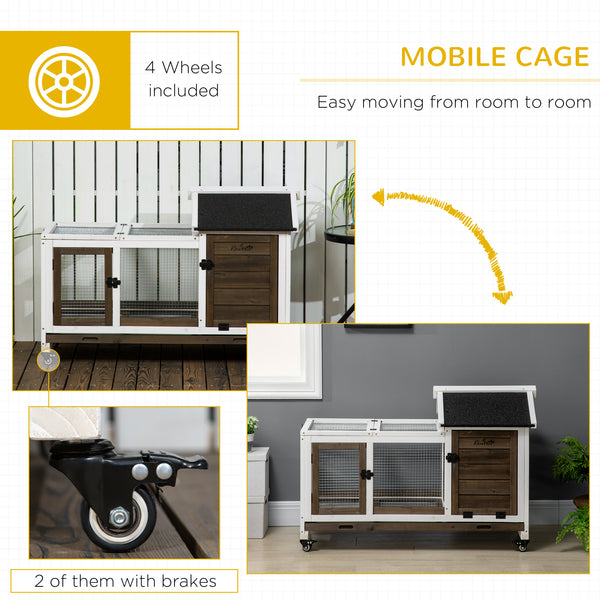 Rabbit hutch with wheels, ramp, run, and tray for indoor and outdoor use
