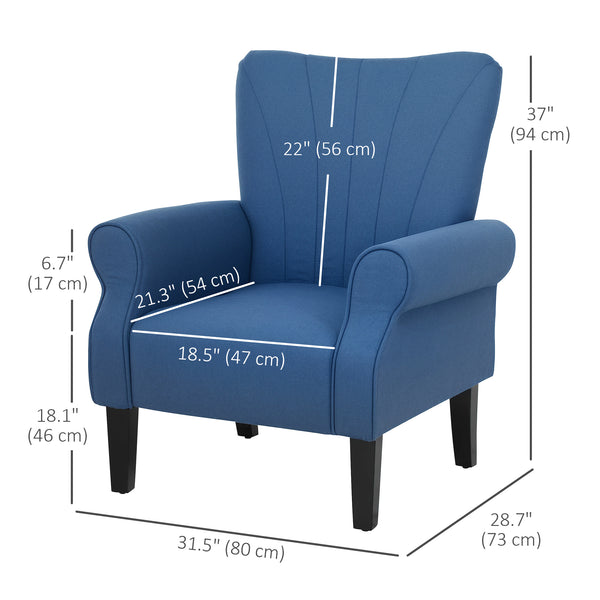 Modern fabric accent chair with wooden legs, dark blue