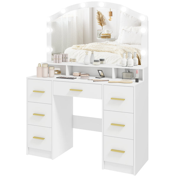 Dressing table with mirror and 10 LED lights, 3 adjustable colors, 7 drawers, 3 compartments, white