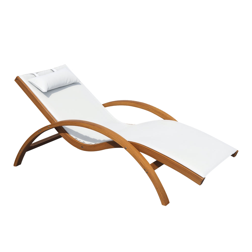 Wooden outdoor reclining lounge chair with headrest and mesh seat, cream.