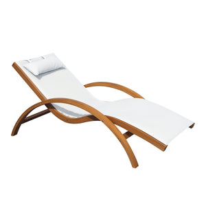 Wooden outdoor reclining lounge chair with headrest and mesh seat, cream.