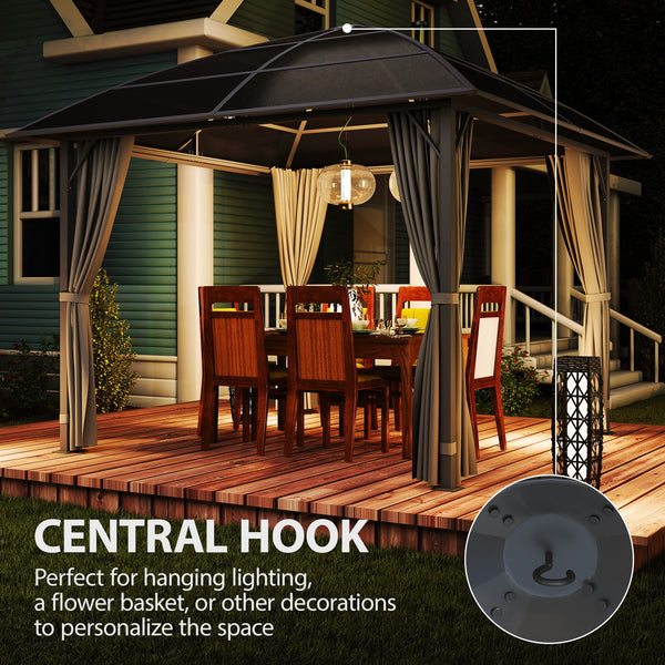 10 ft x 10 ft rigid roof gazebo with steel frame, central hook and curtains, light grey, made of UV50+ anti-polycarbonate.