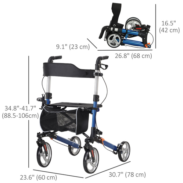 Lightweight folding walker with large seat, backrest and adjustable handle blue