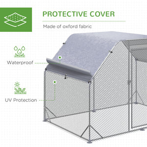 Galvanized metal chicken coop with flat roof and tarp