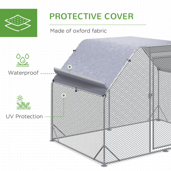 Galvanized metal chicken coop with flat roof and tarp