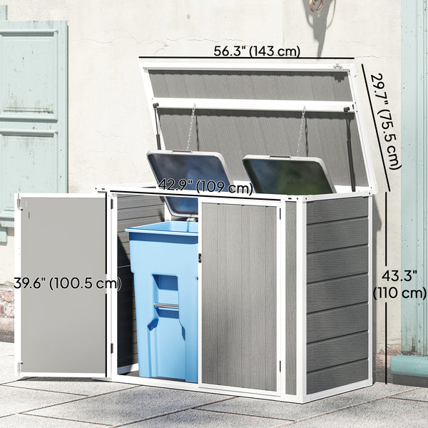 Garden shed for outdoor horizontal bin with chain lid, grey