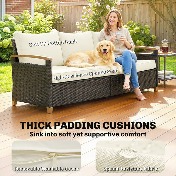 3-seater outdoor sofa in woven resin, wide seat, 10 cm cushions, wood-look armrests, off-white