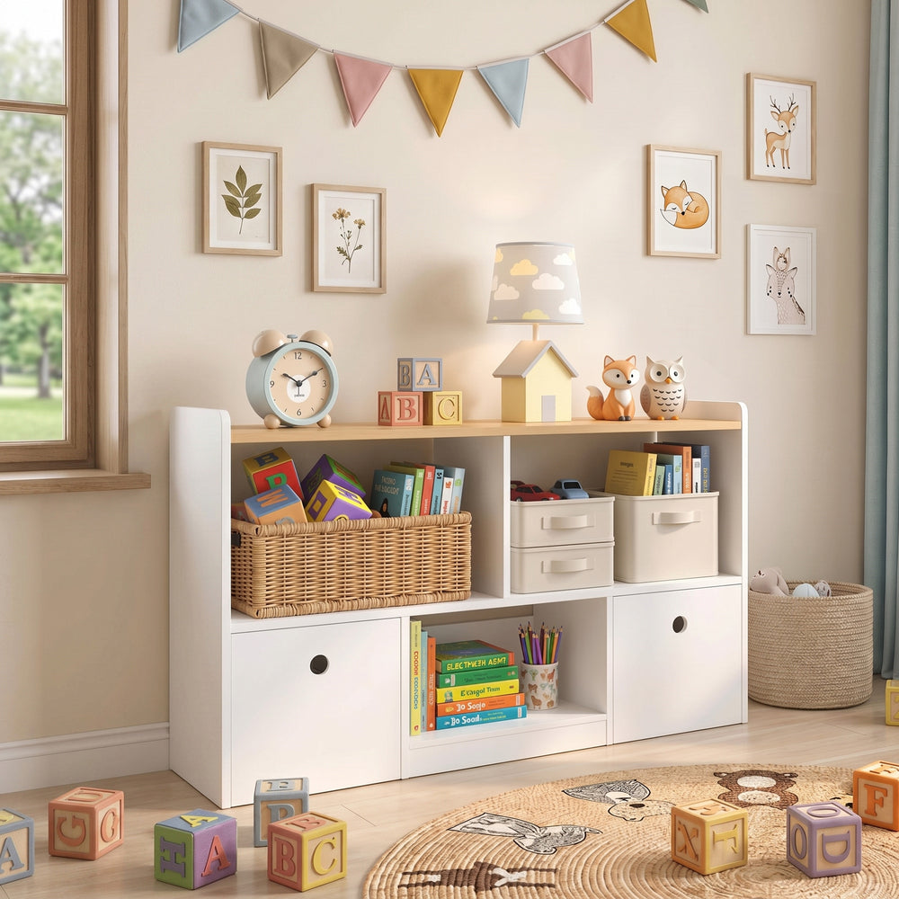Toy storage with 2 removable drawers and 3 compartments, white.