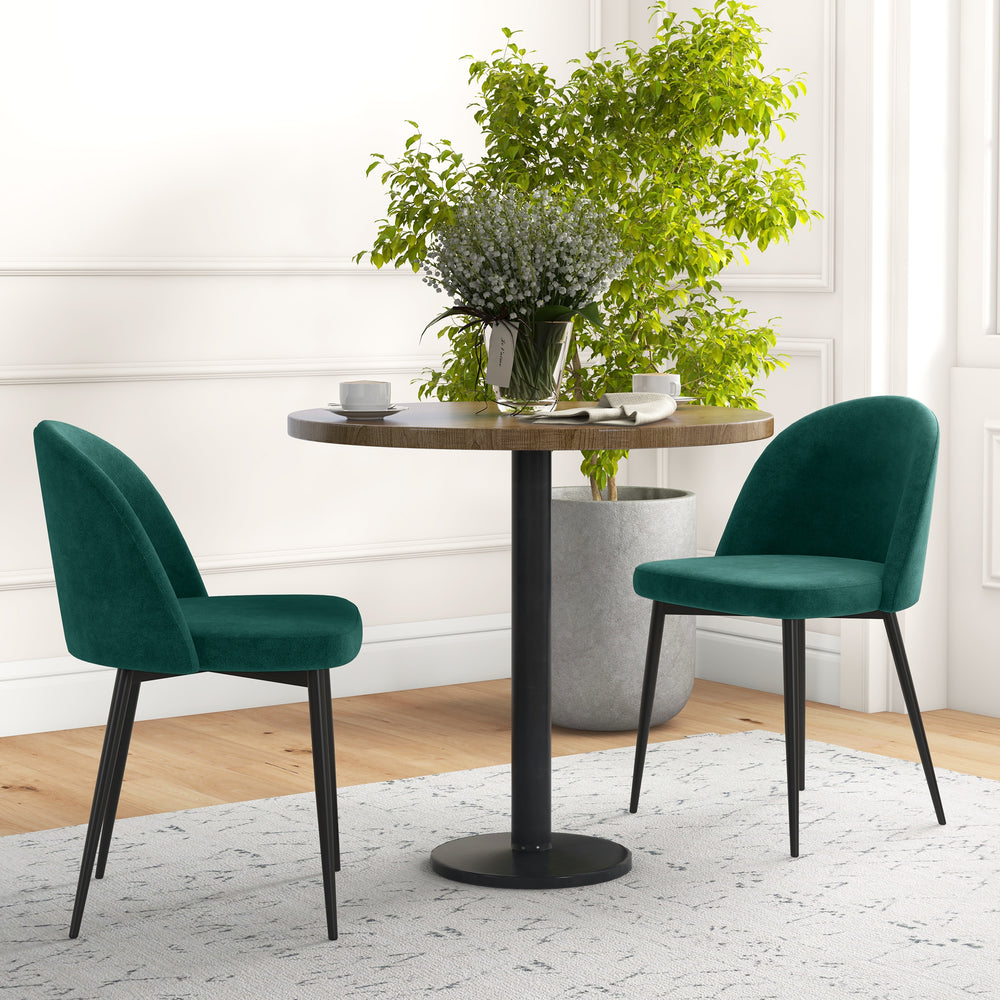 Set of 2 green velvet-upholstered, mid-back chairs