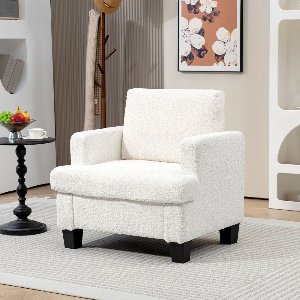 Modern chenille upholstered armchair with wooden frame and back cushion, cream white