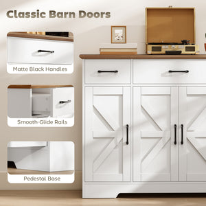 47" Buffet with Soft-Close Hinges, Country Style, with 3 Drawers, Adjustable Shelves, and Spice Rack, White
