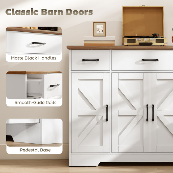 47" Buffet with Soft-Close Hinges, Country Style, with 3 Drawers, Adjustable Shelves, and Spice Rack, White