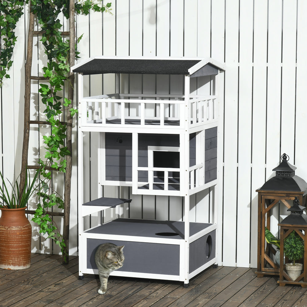 Four-story wooden cat house with cat cave and perch, grey