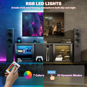 TV unit with LED lighting and adjustable glass shelves, for TVs up to 65 inches, black