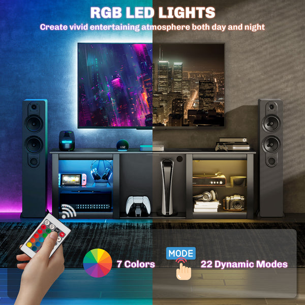 TV unit with LED lighting and adjustable glass shelves, for TVs up to 65 inches, black
