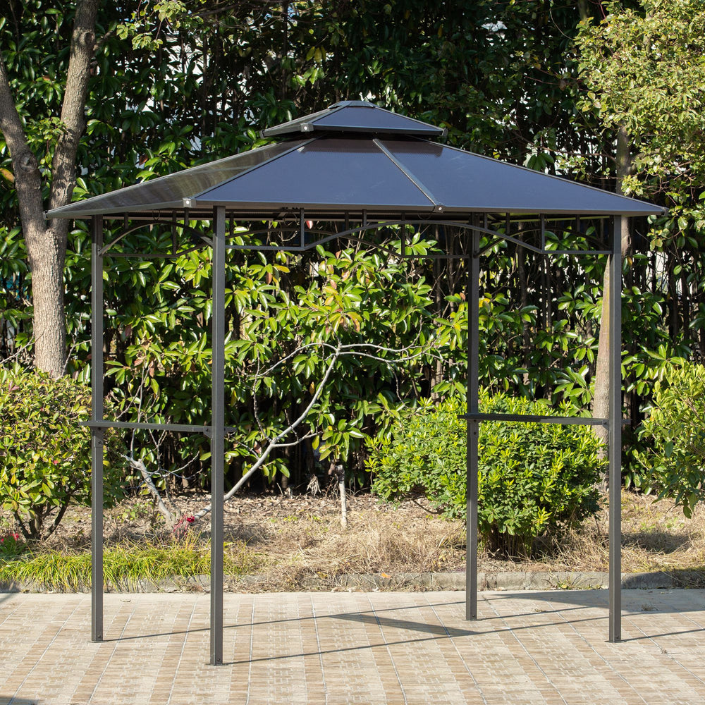 Rigid barbecue gazebo with side shelves and double roof
