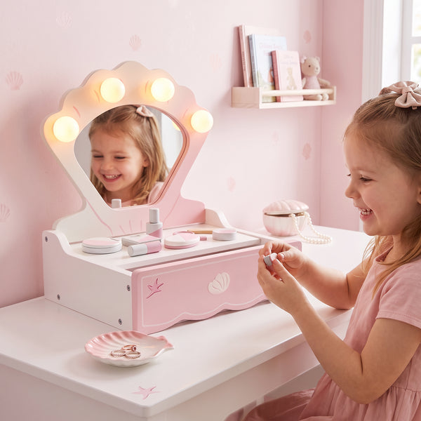 Children's vanity table with lighted mirror, drawer and 8 accessories
