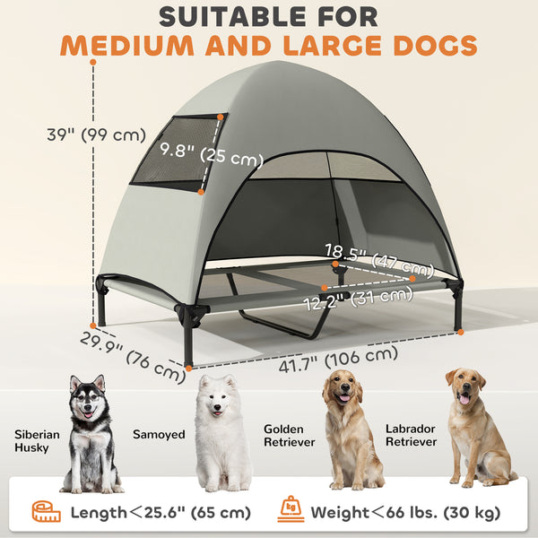 Elevated bed with canopy, steel frame and washable mesh, light gray