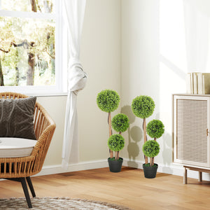 Set of 2 artificial boxwood trees with 3 balls, 90 cm, with pots – Light green