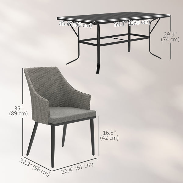 7 Piece Wicker Garden Furniture Set with Cushions, Parasol Hole, Slatted Top, for Garden, Porch, Balcony